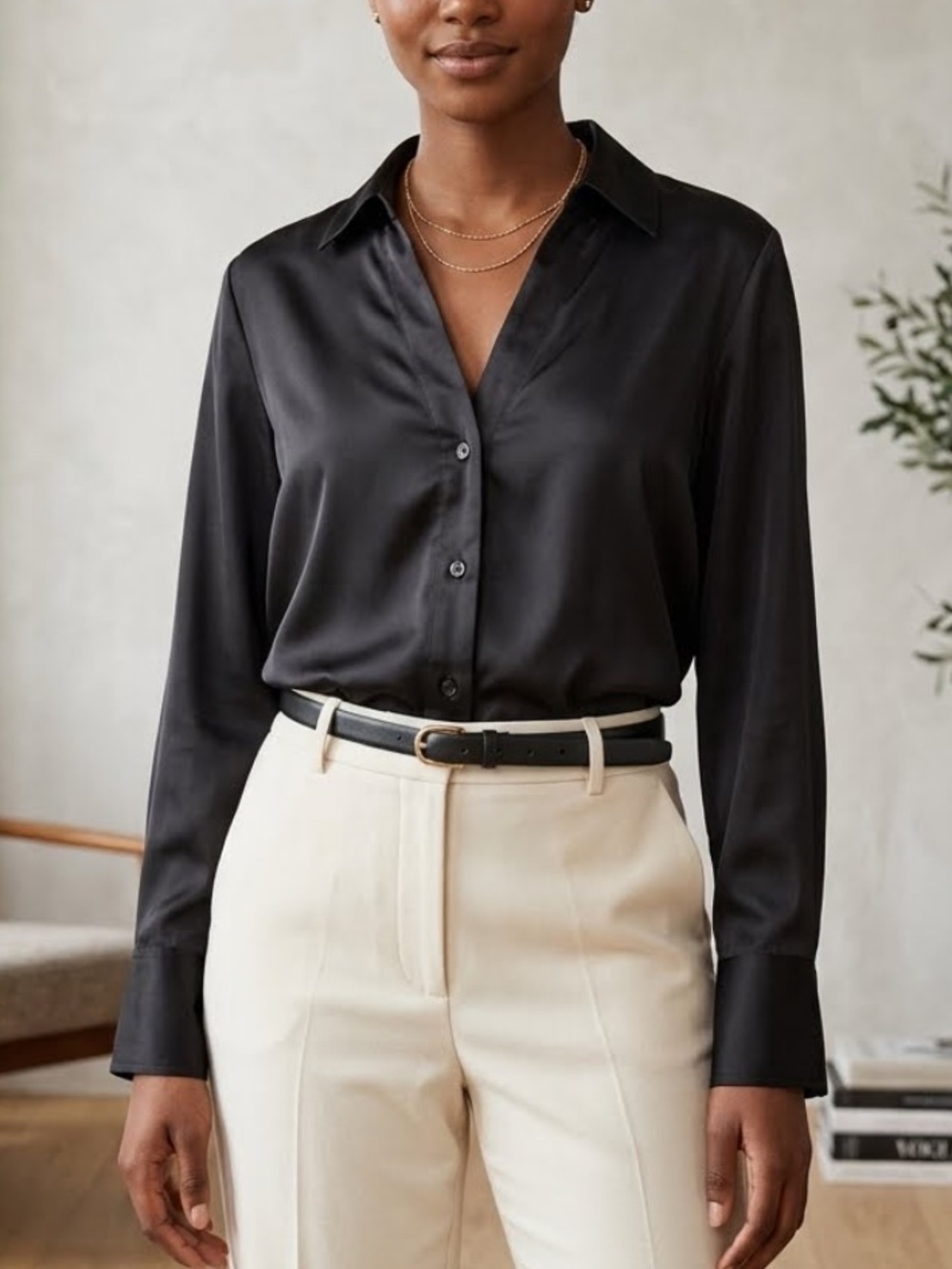 NWT H&M black liquid satin long-sleeve button-down blouse minimalist S